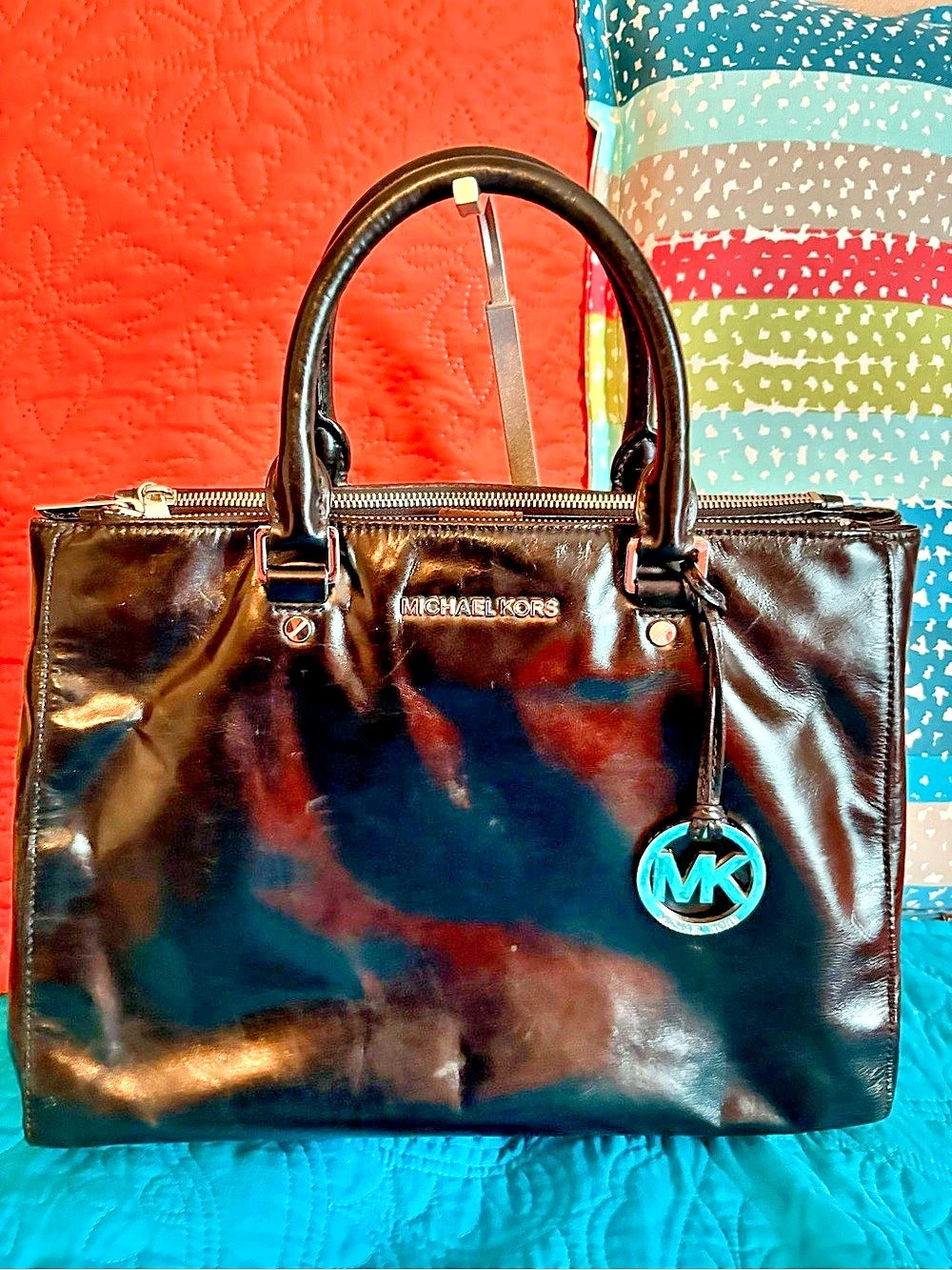 Michael Kors Black Leather (not patent leather) Tote with Shoulder Strap